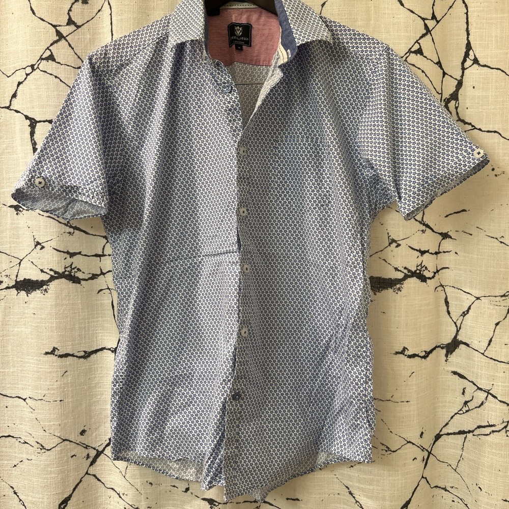 Steel & Jelly London Shirt Mens medium Button Up blue/white Short Sleeve